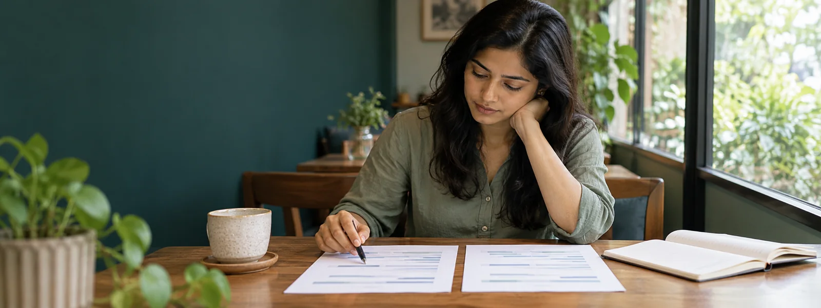 A woman at a cafe table by a window comparing two printed sheets laid side by side