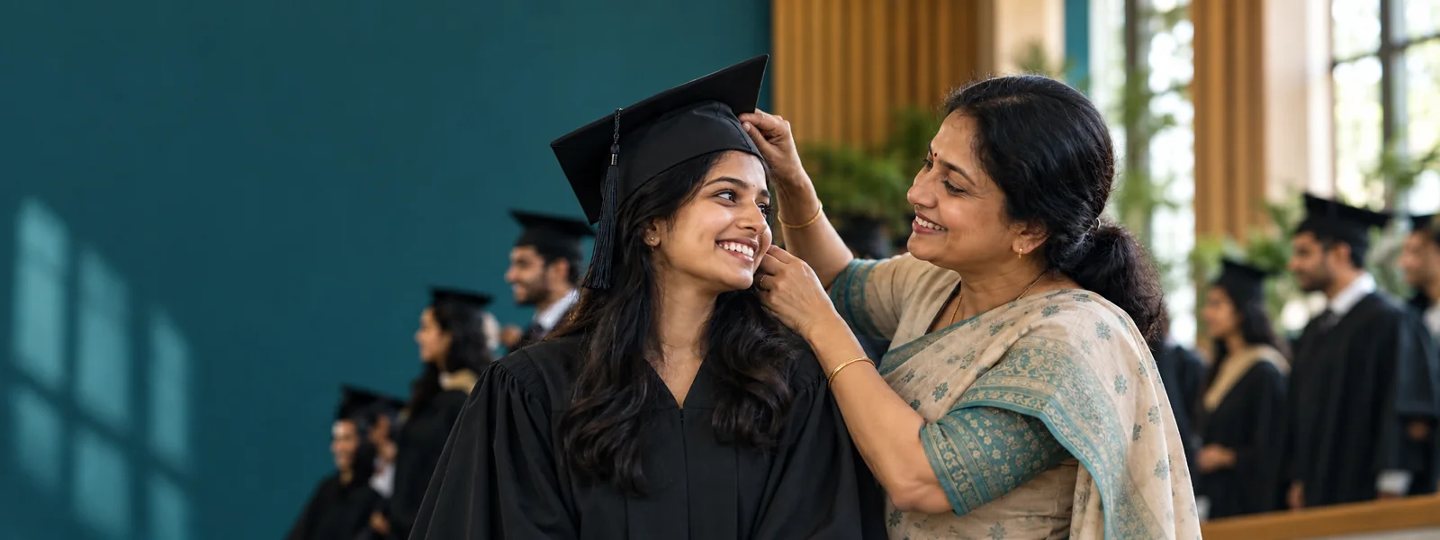 A graduate in gown and cap smiling as her mother adjusts her cap at a convocation hall