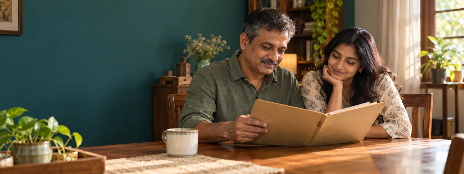 A father and his grown daughter looking through an old folder of papers at a dining table