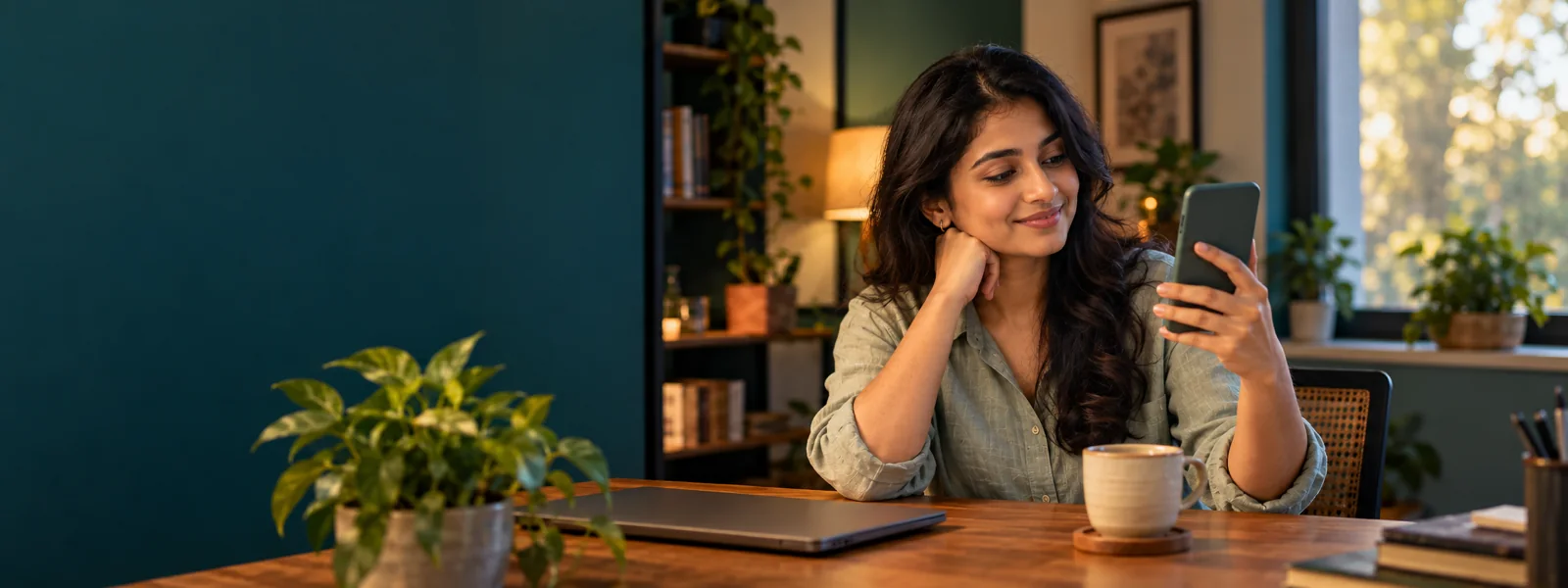 A young woman at a home desk smiling as she looks at the phone in her hand