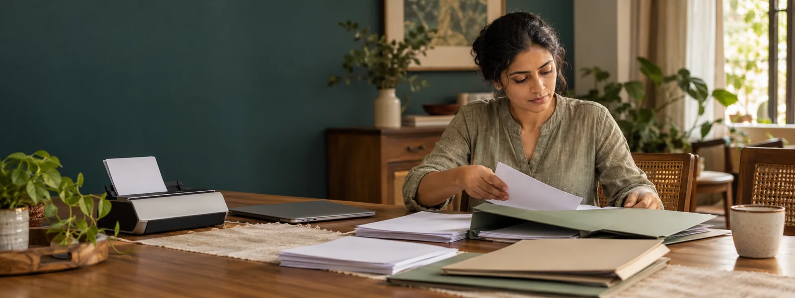 A woman sorting papers into plain folders at a dining table, a scanner beside her