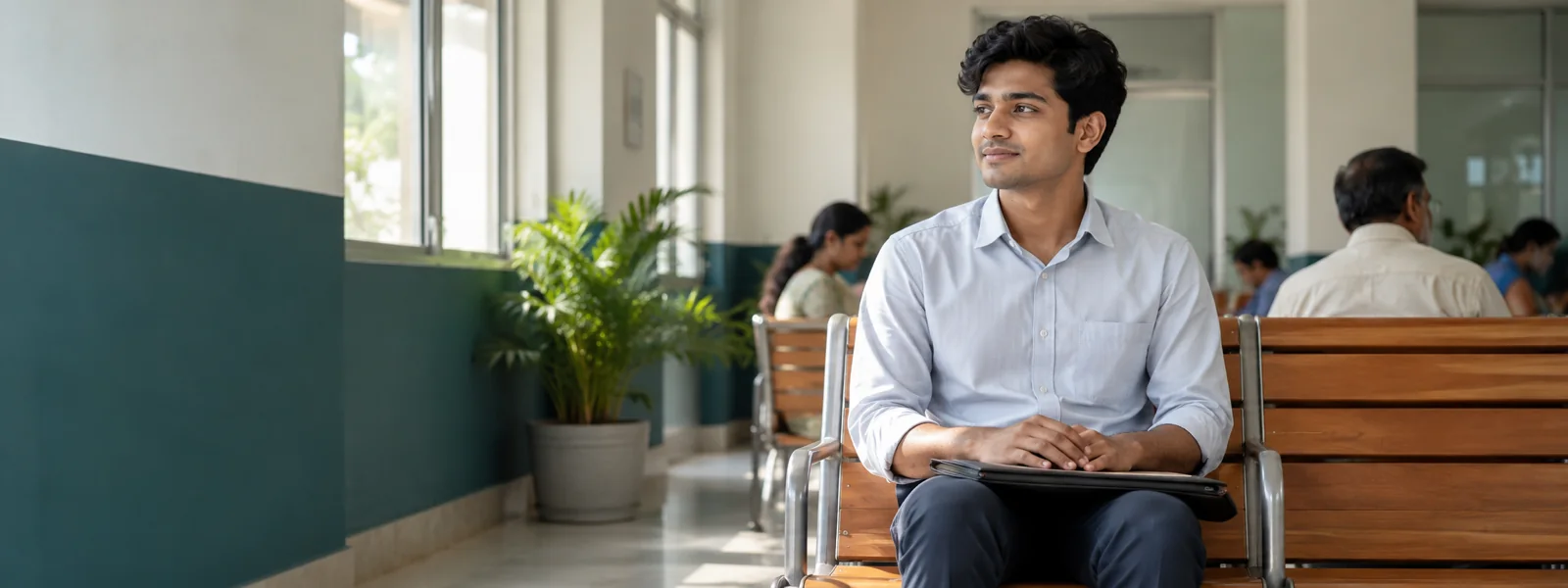 A young man in a formal shirt waiting in a government office with a document folder on his knees