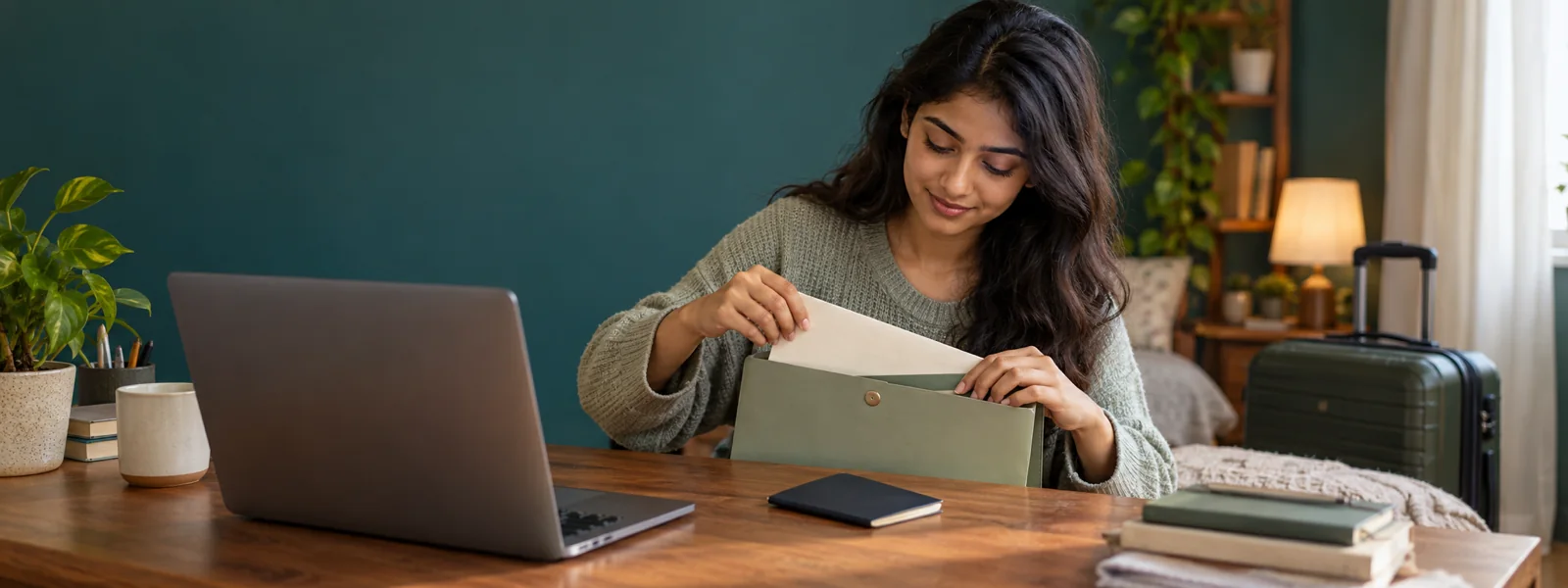 A young graduate packing a sealed envelope into a document folder beside her passport, a suitcase behind her