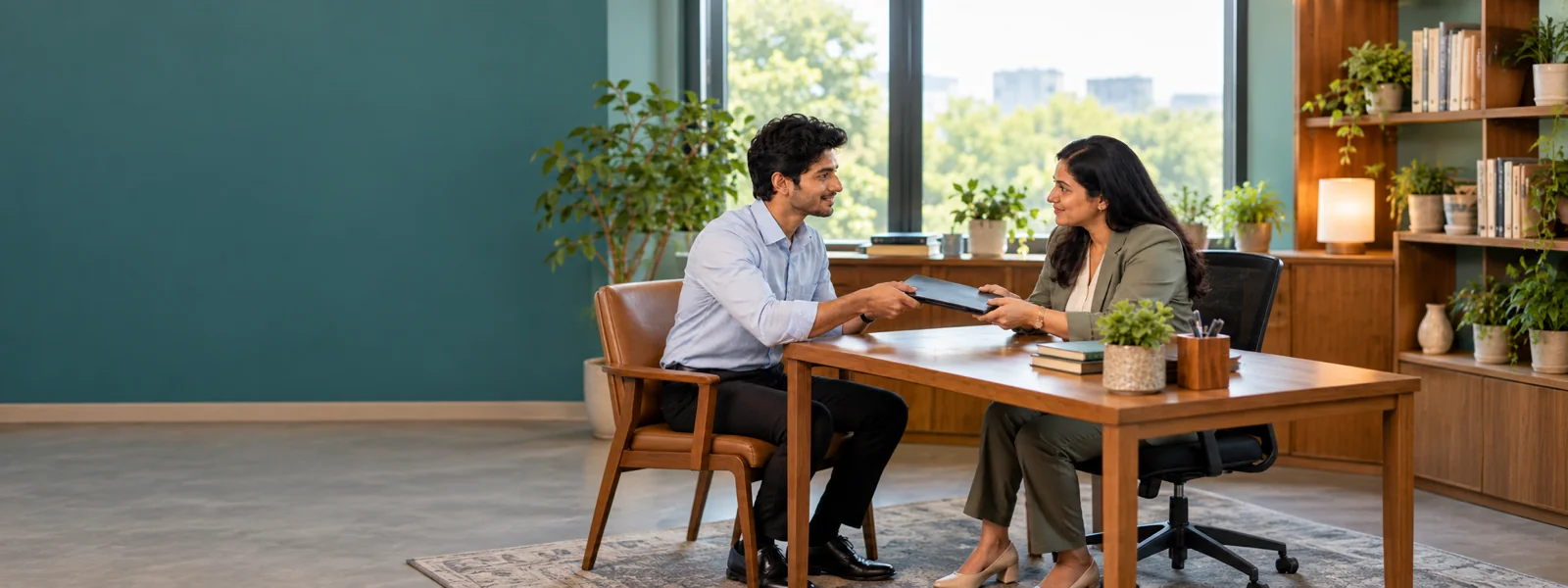 A young professional handing a closed document folder to an HR manager across an office desk