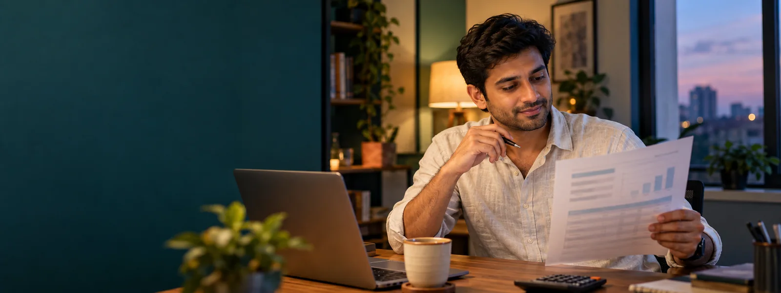 A working professional checking a printed fee schedule against his laptop, with a calculator on the desk