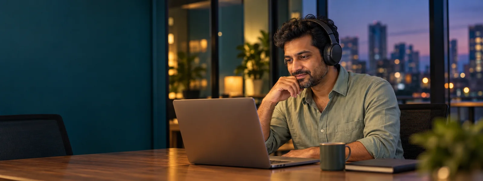 A manager in a glass meeting room after work taking an online class with headphones on