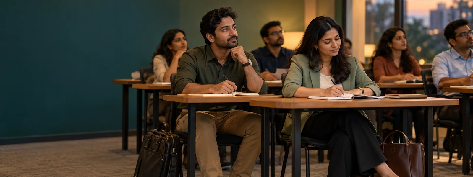 Two working professionals taking notes in an evening class at a city campus