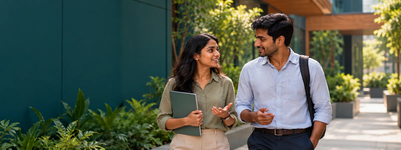 Two young professionals talking as they walk along a green path, one holding a folder