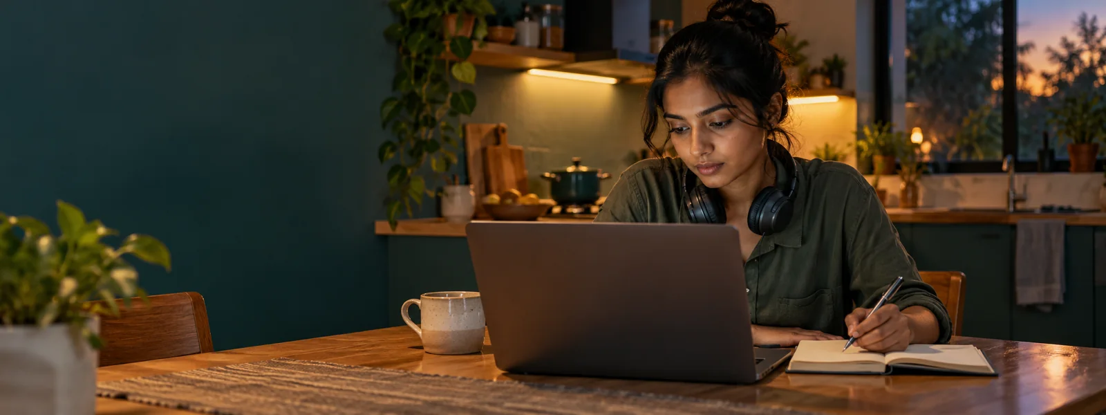 A young woman in office clothes studying at her kitchen table after work, laptop open