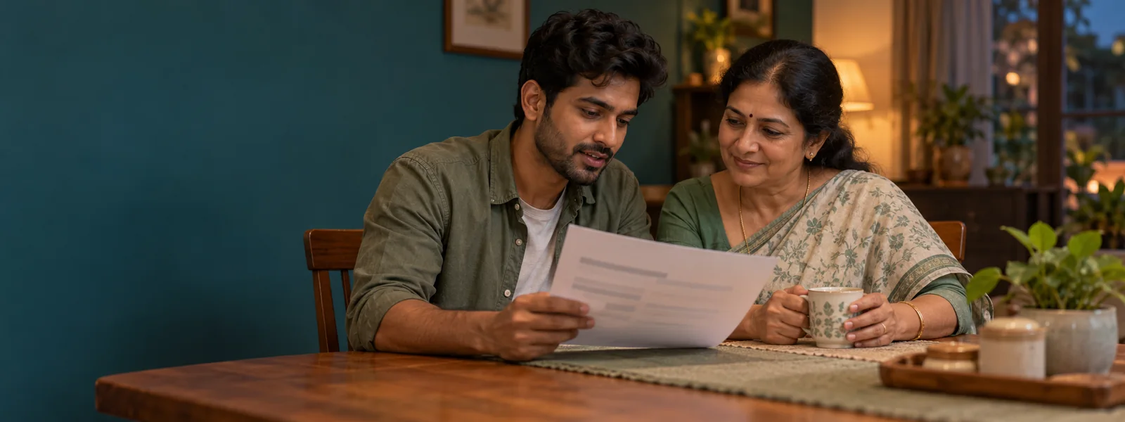 A young man and his mother at a dining table looking over a printed payment plan together