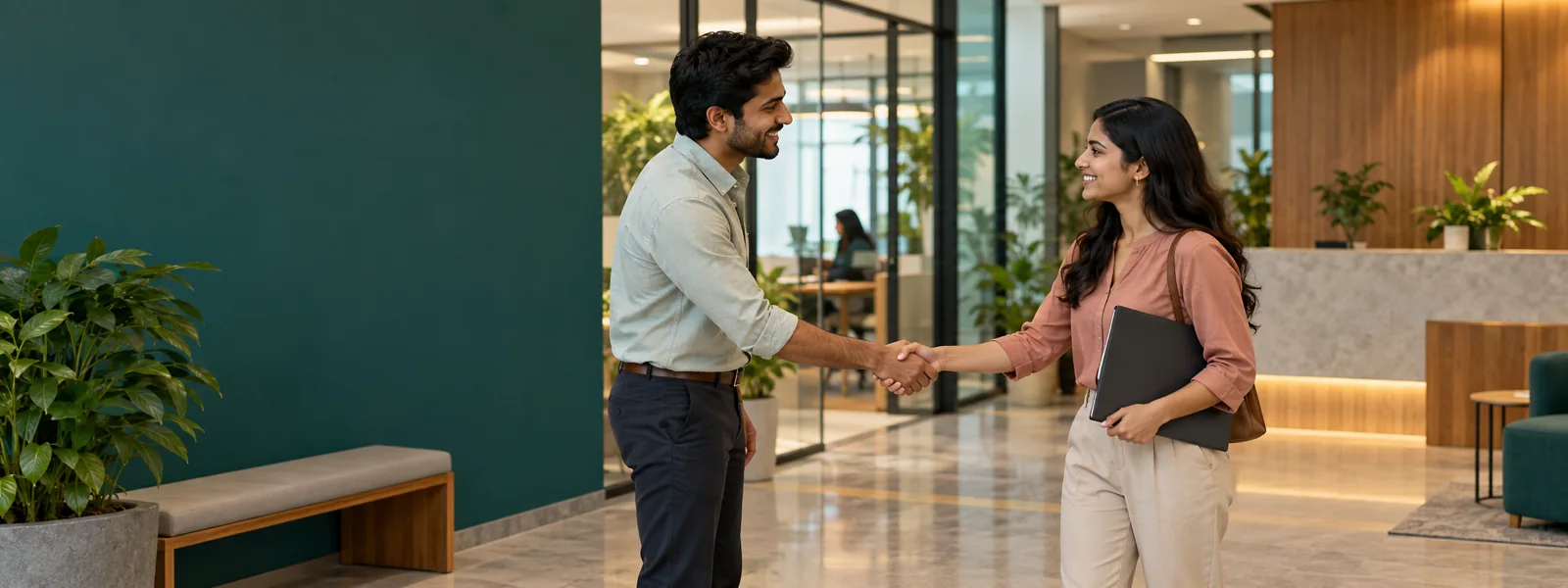 A young woman walking into a modern office lobby on her first day, greeted by a colleague