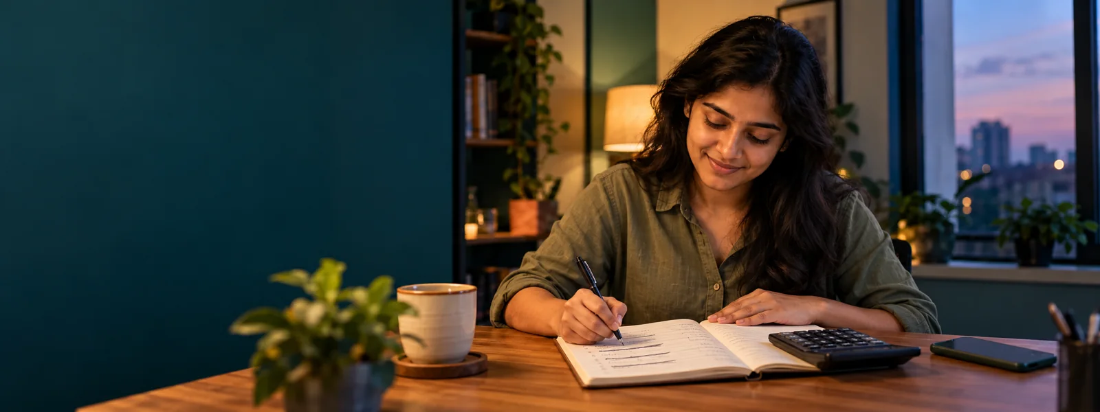 A young woman at a home desk crossing out a line in a handwritten budget notebook, smiling
