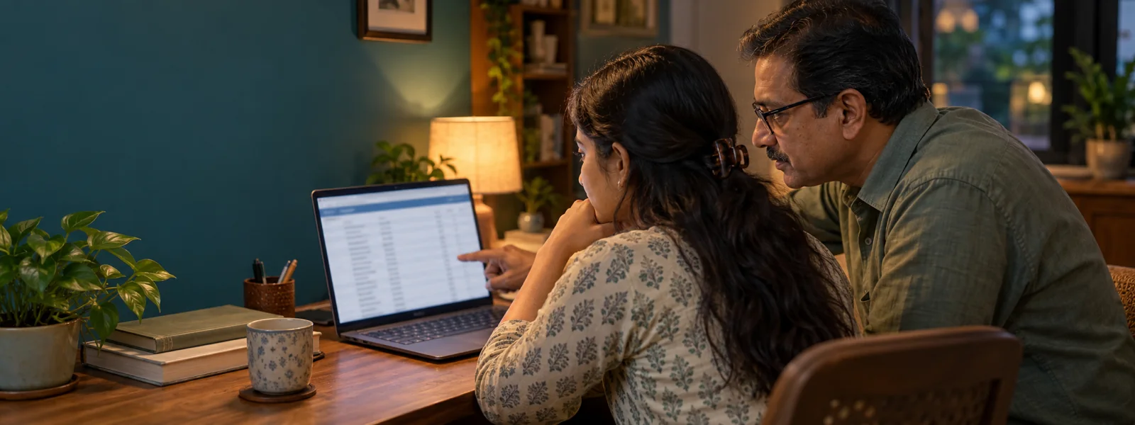 A young woman and her father checking a list on her laptop together at a home desk