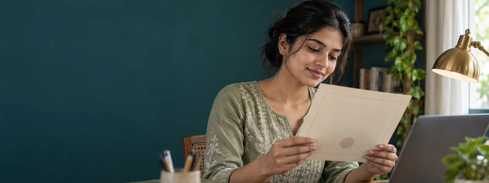 A student at her desk turning a printed degree certificate over to read the back