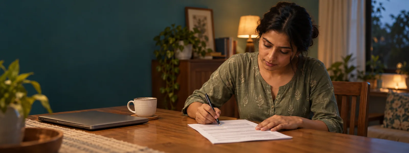 A woman at a dining table reading the back page of a printed document and underlining a line with a pen